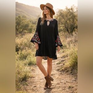Anthropologie Jodifl Embroidered Black Swingdress Festival Boho Romantic (M)